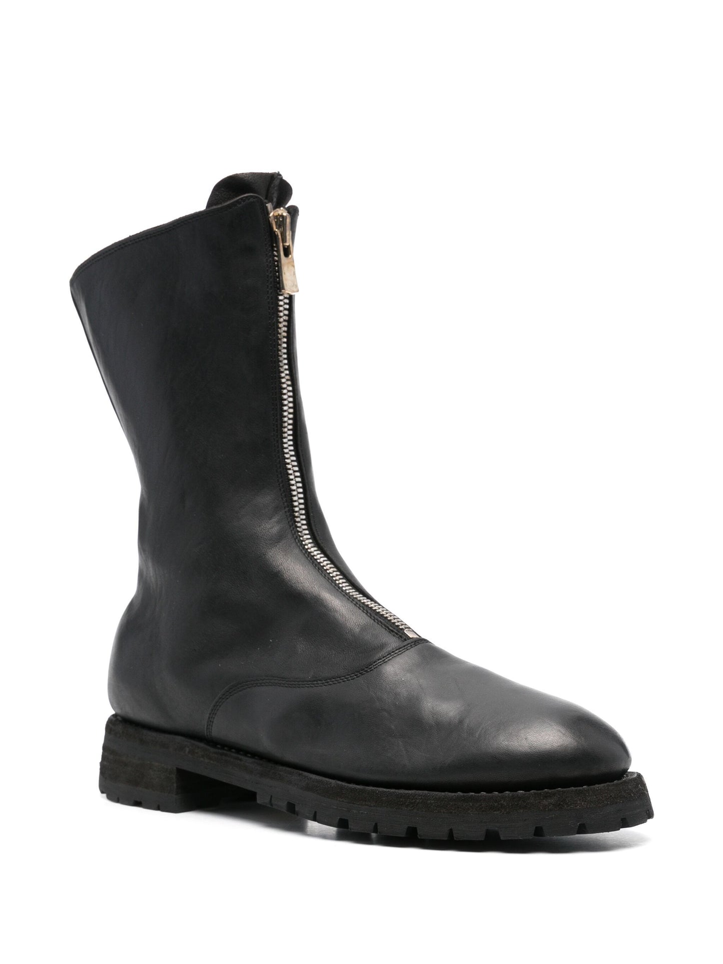 Black leather boot with a zipper on a white background