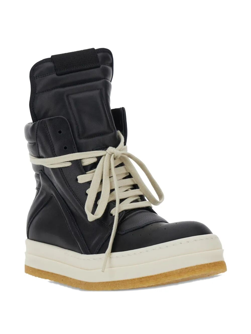 Black high-top sneaker with white laces on a white background