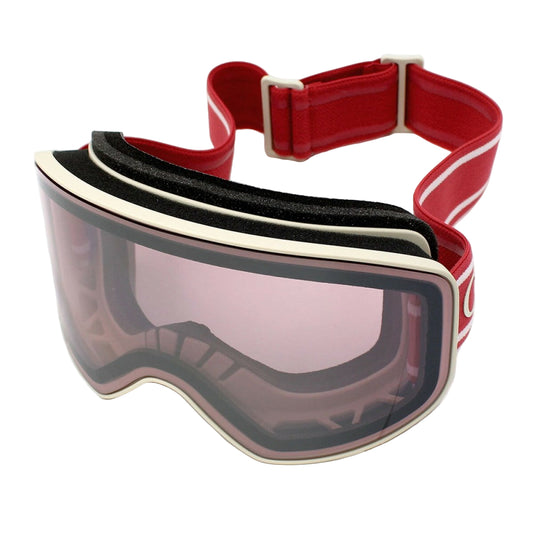 Ski goggles with red strap on a white background