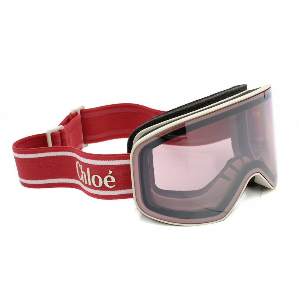 Ski goggles with red strap featuring 'Chloe' logo on a white background