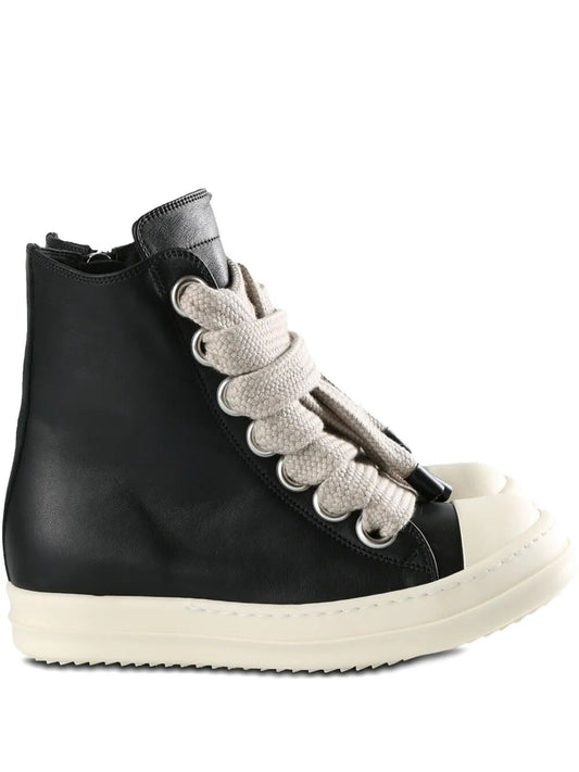 Black high-top sneaker with white laces on a white background