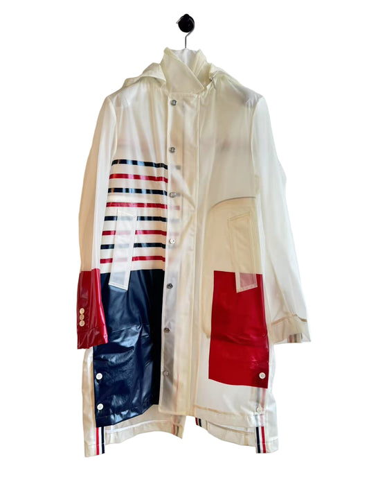 Transparent raincoat with colorful stripe pattern on a white background