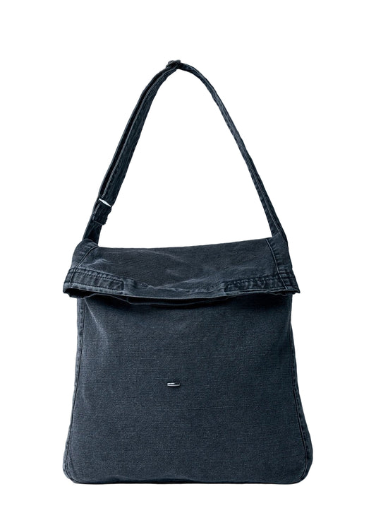 Dark denim bag on a light gray background